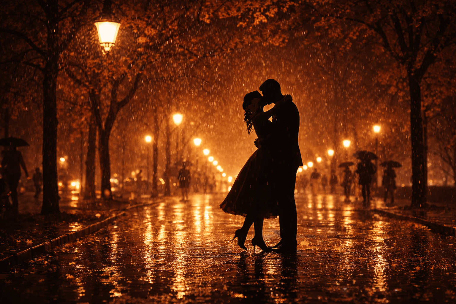 Romantic kiss in rainy city